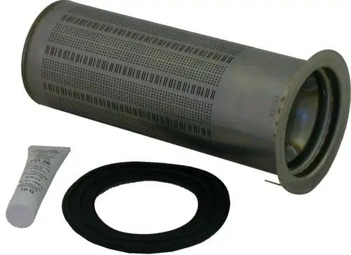Gasbrenner, bestehend aus einem zylindrischen Metallteil mit Lochmuster, Gummi-Dichtungen und einer Tube mit Schmiermittel. Entwurf von Wolf.